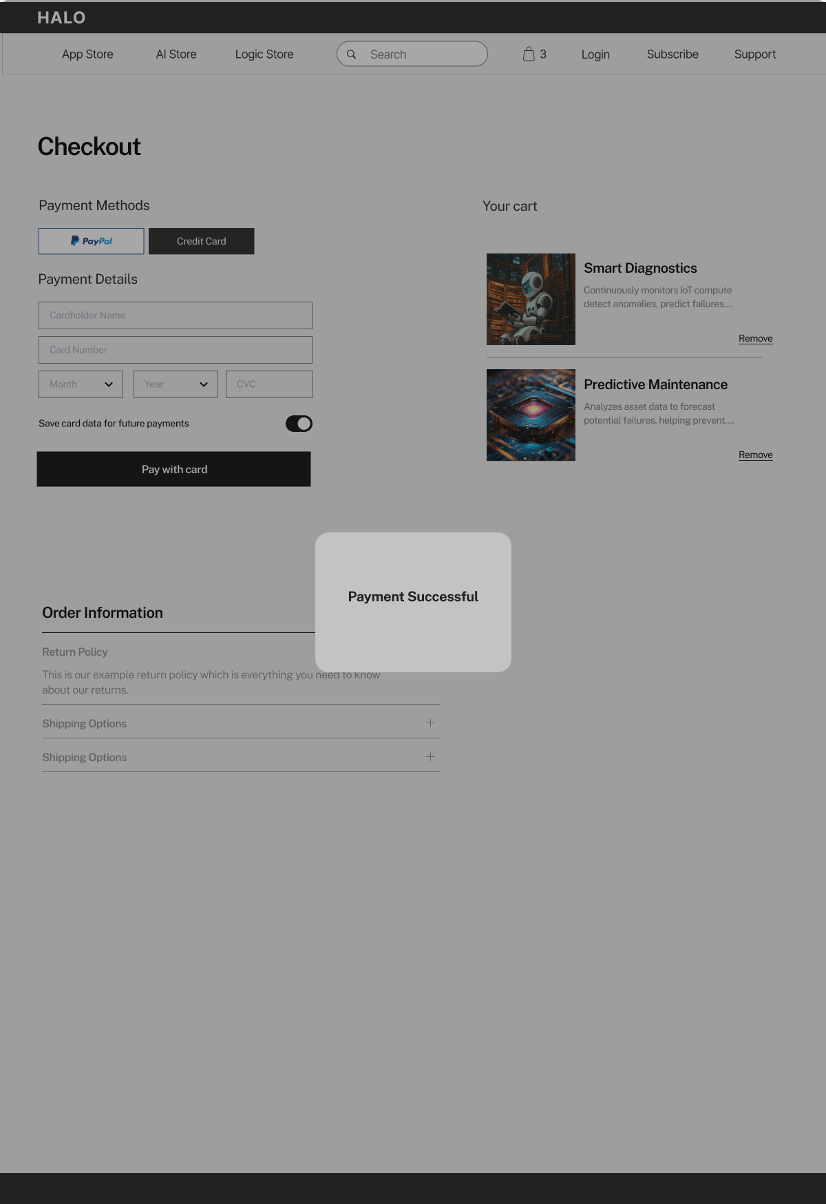 Payment success state wireframe